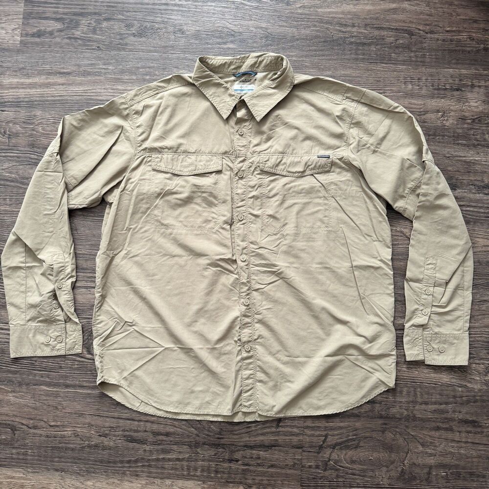 Columbia Button Up Shirt Mens Tan Omni-Shade Long Sleeve Hiking size 2XL